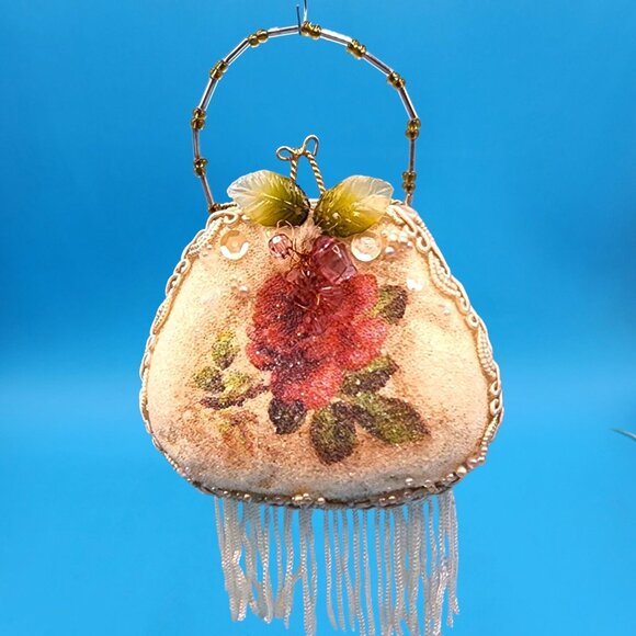 Victorian "Sugared" Purse Ornaments Lace Roses Beaded Handle Tulle Ribbon Tassel - Picture 4 of 12